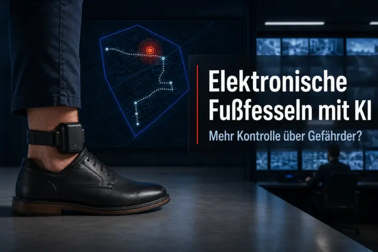 Elektronische Fußfessel vor digitaler Überwachungskarte mit der Überschrift Elektronische Fußfesseln mit KI
