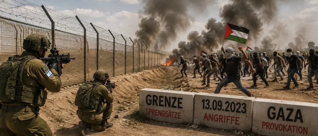 Der 7. Oktober kam überraschend. Die Eskalation nicht. 2 Gewalttätige Konfrontation am Grenzzaun zwischen Israel und dem Gazastreifen im September 2023 mit Rauch, Bränden, Sprengsätzen und israelischen Soldaten