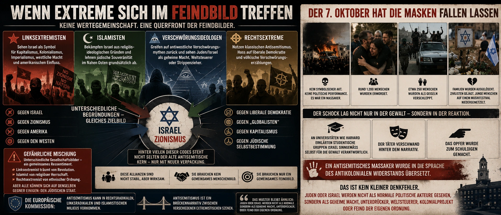 Feindbild Israel: Wie Linksextreme, Islamisten und Rechte zusammenfinden 7 Linksextremisten, Islamisten, Verschwörungsideologen und Rechtsextreme treffen sich im Feindbild Israel, während der 7. Oktober relativiert wird