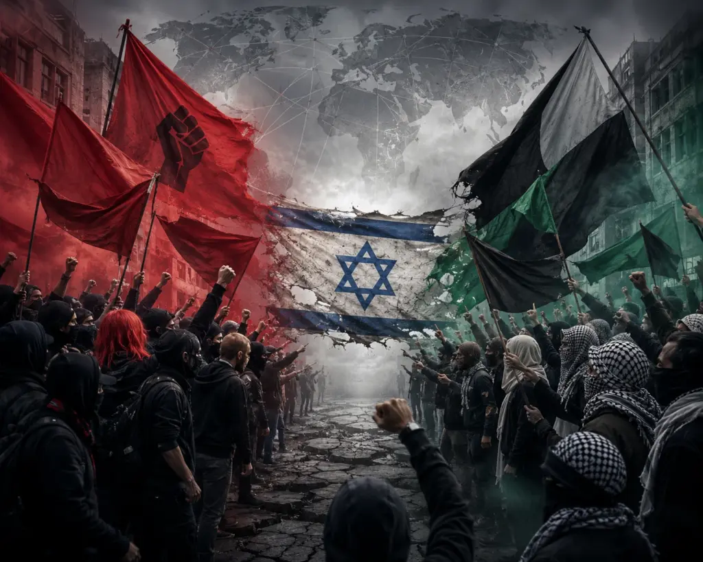 Zwei extremistische Protestmilieus mit roten und dunklen Fahnen richten sich gegen eine bedrängte israelische Flagge