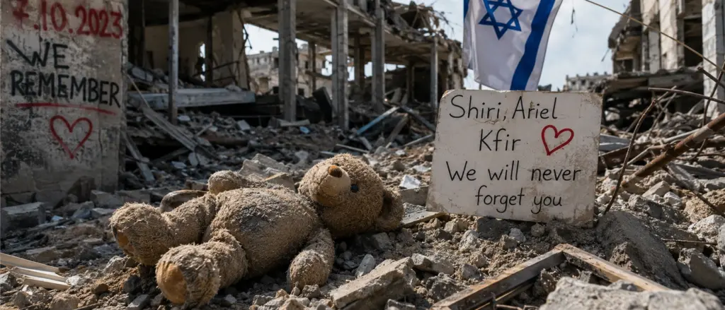 Charlie Veitch über den 7. Oktober und das britische Schweigen 1 Zerstörte Gebäude mit einem staubbedeckten Teddybären, israelischer Flagge und einer Gedenktafel für Shiri, Ariel und Kfir Bibas