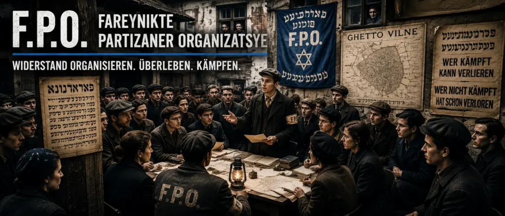 Symbolische Darstellung einer geheimen Versammlung der FPO im Ghetto von Vilna mit jungen jüdischen Widerstandskämpfern, Karten und Dokumenten