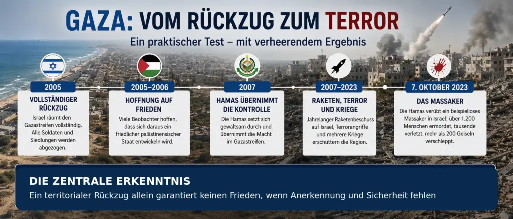 Infografik zum israelischen Rückzug aus dem Gazastreifen 2005, zur Machtübernahme der Hamas und zur anschließenden Eskalation