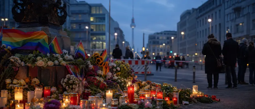 Gedenkstätte in Berlin mit Blumen, Kerzen und Regenbogenfahnen nach einem Anschlag auf eine CSD-Veranstaltung
