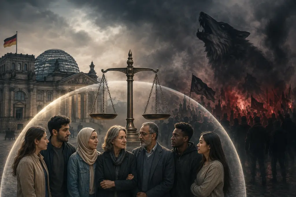 Verschiedene Menschen unter einer schützenden Kuppel vor einer Waage, dem Reichstag und einer bedrohlichen Wolfssilhouette