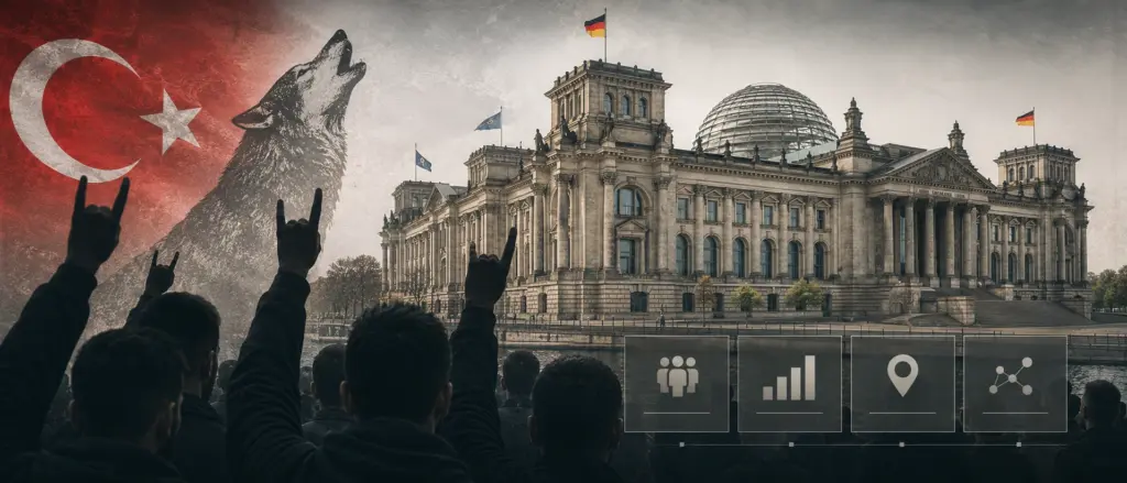 Menschen zeigen den Wolfsgruß vor türkischer Flagge, Wolfssilhouette und Reichstagsgebäude