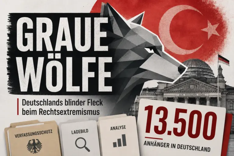 Grafische Darstellung eines grauen Wolfs vor türkischer Flagge und dem Deutschen Bundestag mit der Zahl 13.500