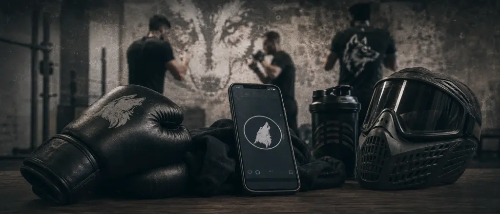 Boxhandschuhe, Smartphone mit Wolfssymbol und Paintballmaske vor trainierenden Personen