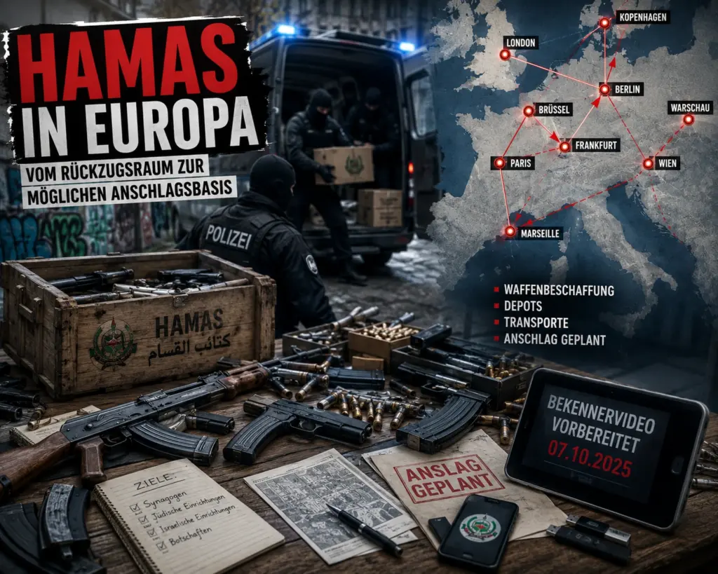 Hamas in Europa: Waffen, Netzwerke und Anschlagsverdacht 1 Symbolische Darstellung eines mutmaßlichen Hamas-Waffennetzwerks in Europa mit sichergestellten Waffen, Polizeieinsatz und Europakarte