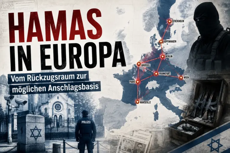 Illustration zu Hamas-Strukturen in Europa mit Europakarte, Verbindungswegen, bewaffnetem Extremisten und bewachter Synagoge