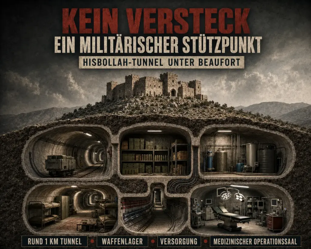 Hisbollah-Tunnel unter dem Beaufort-Höhenzug | Südlibanon 1 Symbolische Schnittdarstellung der Festung Beaufort und eines militärisch ausgebauten Hisbollah-Tunnelsystems unter dem Beaufort-Höhenzug