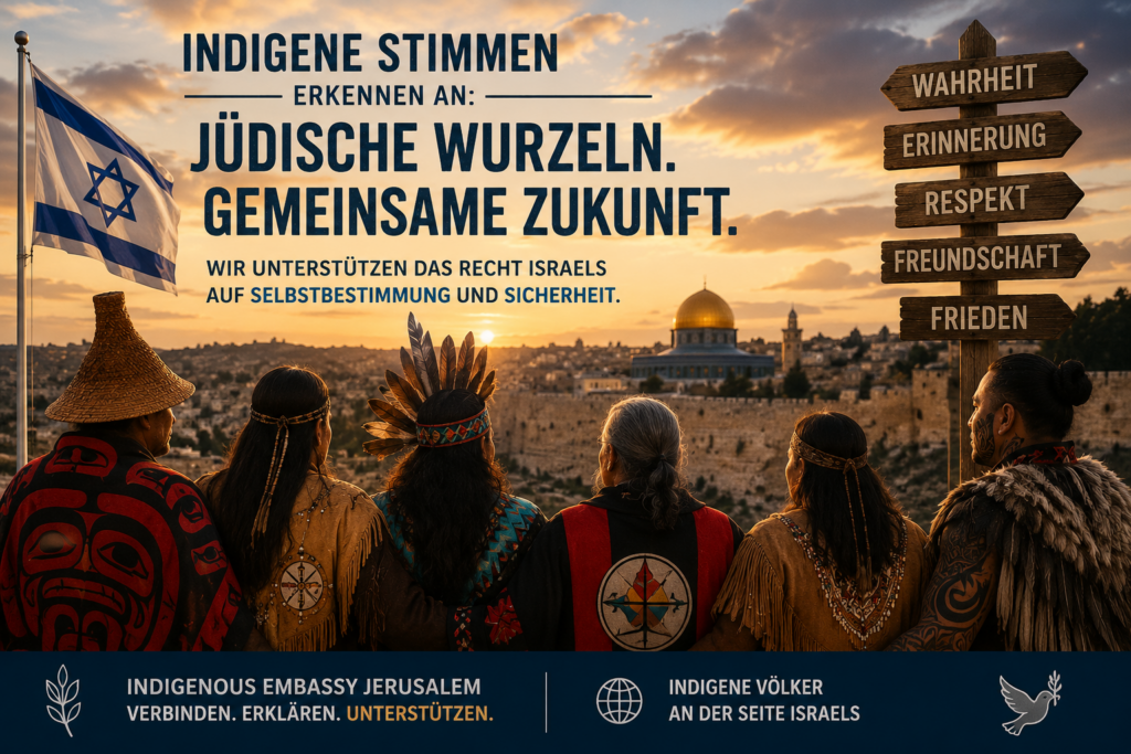 Jüdische Indigenität: Warum Israel kein Kolonialprojekt ist 3 Symbolische KI-Darstellung indigener Vertreter mit israelischer Flagge vor der Kulisse Jerusalems