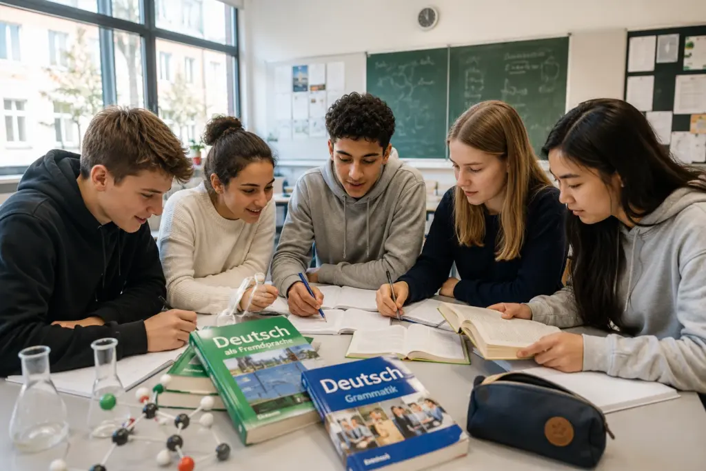 Integration durch Sprache, Leistung und gemeinsames Lernen Kulturell vielfältige Schülergruppe arbeitet gemeinsam mit deutschen Sprachbüchern und naturwissenschaftlichen Materialien