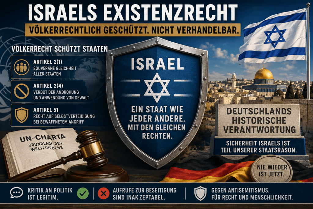Alternativtext Infografik zum Existenzrecht Israels mit UN-Charta, Völkerrecht, deutscher Staatsräson und Schutz des jüdischen Staates
