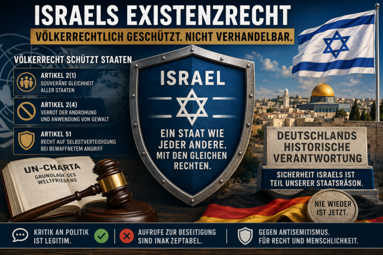 Alternativtext Infografik zum Existenzrecht Israels mit UN-Charta, Völkerrecht, deutscher Staatsräson und Schutz des jüdischen Staates