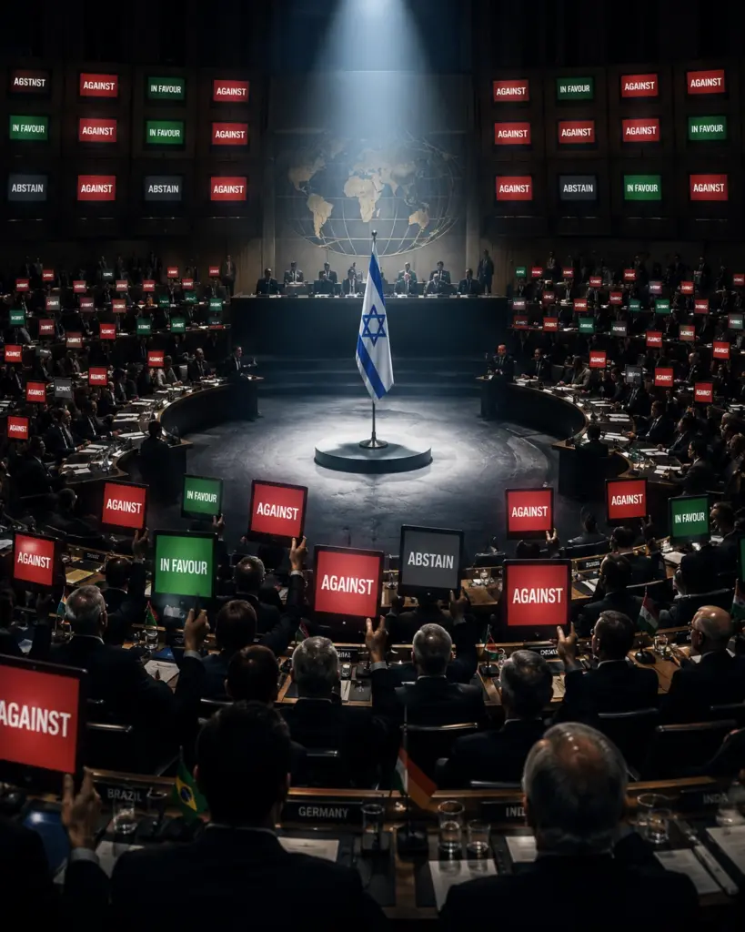 Israelische Flagge steht isoliert im Zentrum einer symbolischen internationalen Versammlung mit zahlreichen Abstimmungstafeln