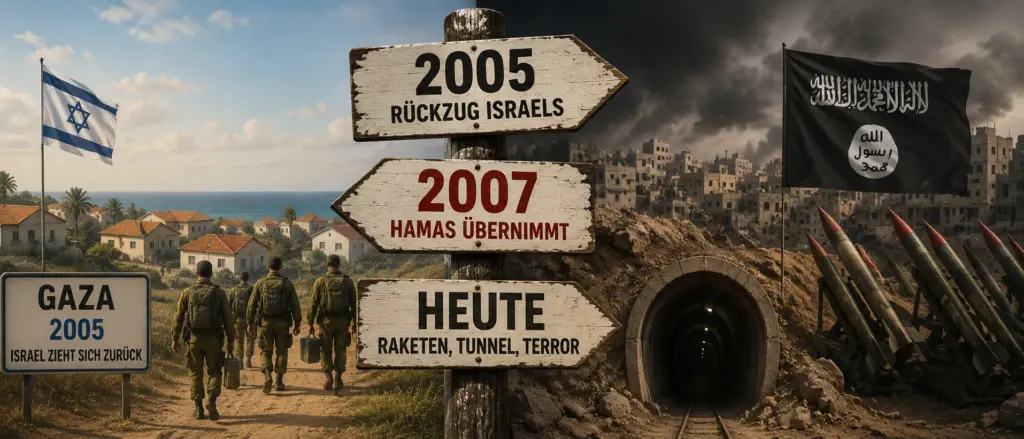Der 7. Oktober kam überraschend. Die Eskalation nicht. 1 Symbolische Darstellung des israelischen Rückzugs aus Gaza 2005, der Machtübernahme der Hamas 2007 sowie der späteren Entwicklung mit Raketen und Tunneln
