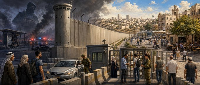 Symbolische Darstellung eines israelischen Checkpoints und der Sicherheitsbarriere zwischen israelischem Gebiet und Judäa und Samaria
