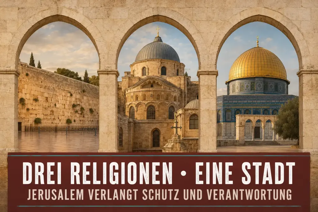 Jüdische Verbindung zu Jerusalem: Mehr als 3.000 Jahre 3 Symbolische Montage mit Westmauer, christlicher Kirchenarchitektur und Felsendom unter drei Jerusalemer Steinbögen