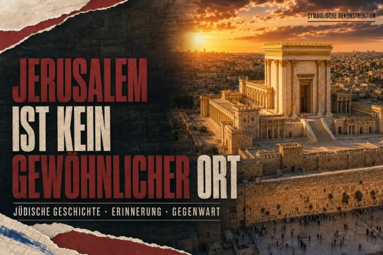 Magazinmontage mit einer Rekonstruktion des Zweiten Tempels, der Westmauer und Jerusalem im Abendlicht