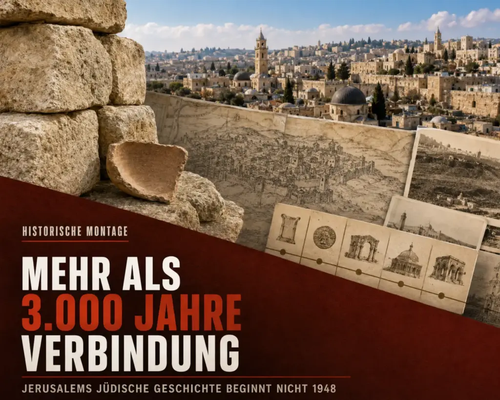Jüdische Verbindung zu Jerusalem: Mehr als 3.000 Jahre 2 Historische Montage mit Jerusalemer Kalksteinquadern, einer Keramikscherbe, alten Stadtansichten und der Silhouette Jerusalems