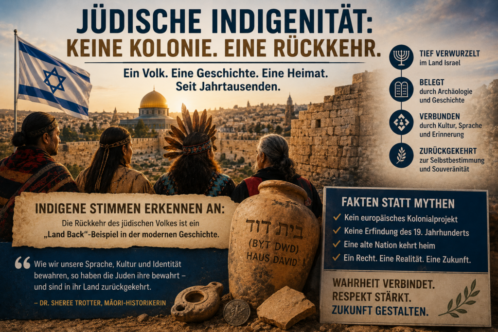 Jüdische Indigenität: Warum Israel kein Kolonialprojekt ist 4 KI-generierte Darstellung indigener Vertreter vor Jerusalem zur jüdischen Indigenität und Rückkehr nach Israel