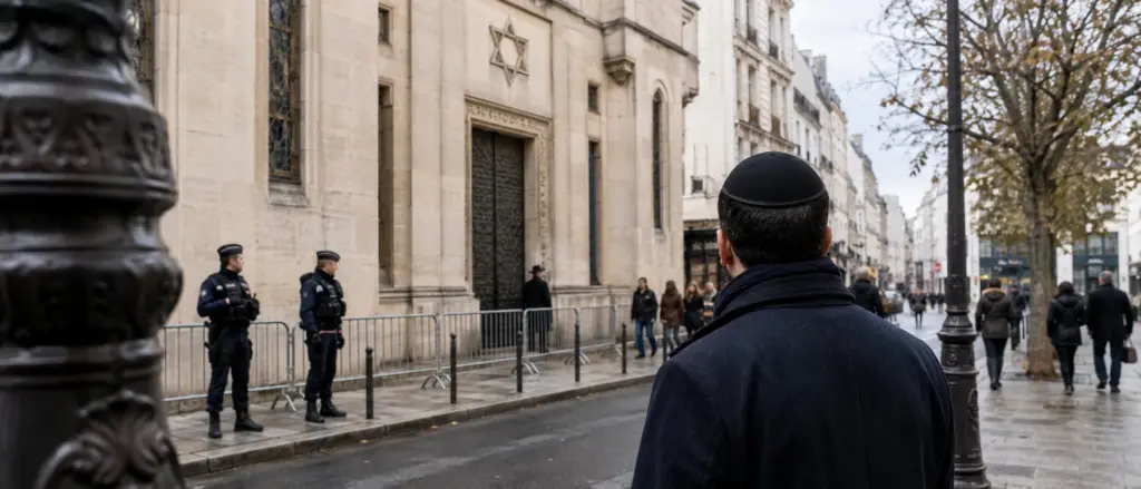 Mann mit Kippa vor einer Synagoge in einer europäischen Stadt, die von Polizisten und Absperrungen geschützt wird