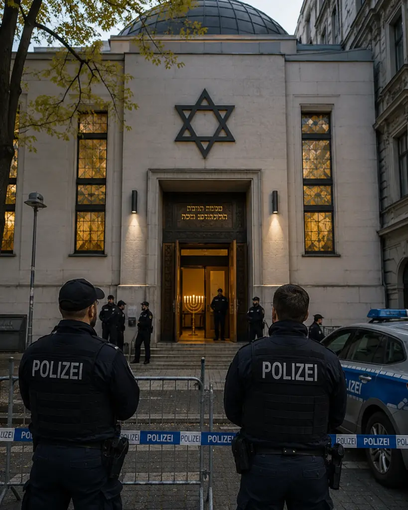 Polizisten sichern eine symbolisch dargestellte Synagoge mit Davidstern, Absperrungen und Polizeifahrzeug