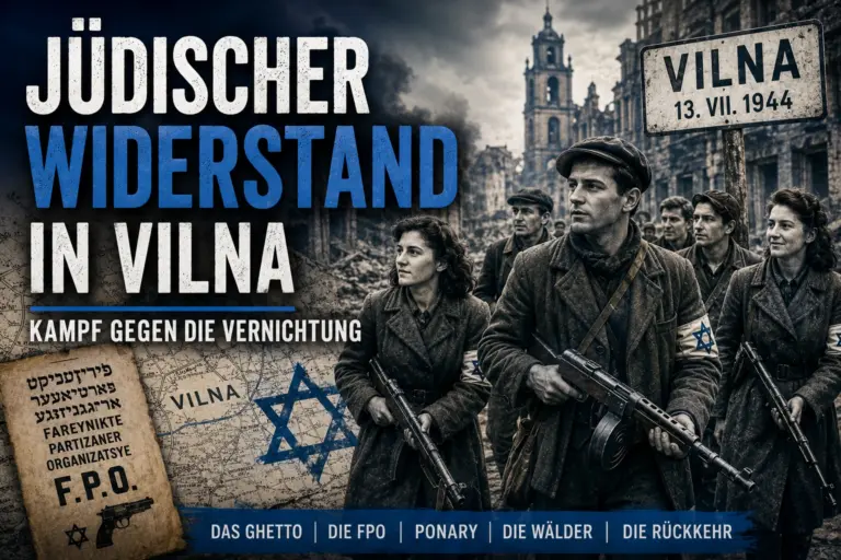 Historische Bildmontage jüdischer Partisanen in Vilna mit Waffen, Stadtansicht und der Überschrift „Jüdischer Widerstand in Vilna“