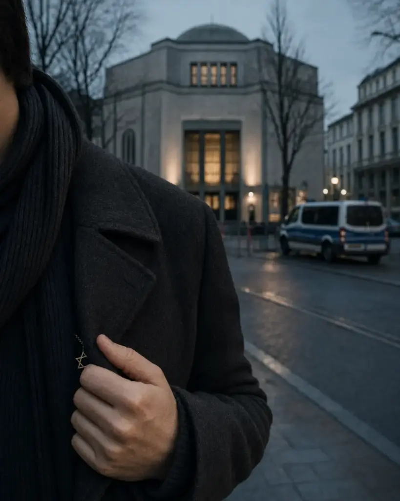 Nicht identifizierbare jüdische Person verdeckt ihren Davidstern vor einer geschützten Synagoge in einer deutschen Innenstadt