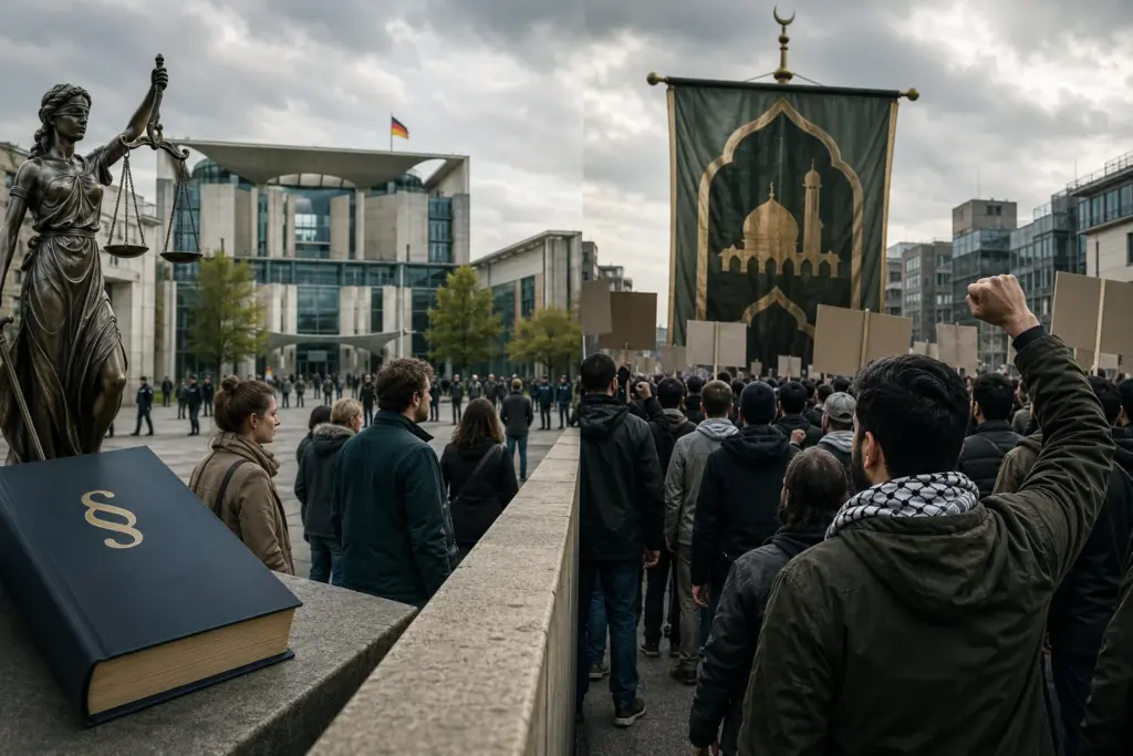 Moscheen und Integration: Was der Staat prüfen muss 6 Demonstrationsszene in einer deutschen Großstadt mit Parlamentsgebäude, Grundgesetzsymbolik und islamistischer Kundgebung