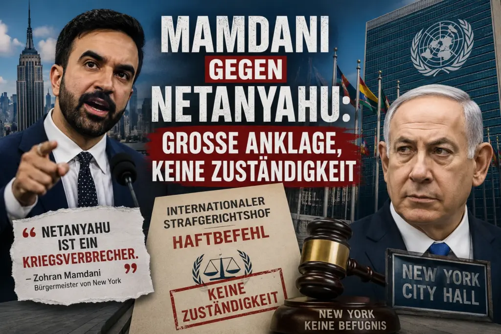 Zohran Mamdani und Benjamin Netanyahu vor der Skyline von New York und dem UN-Gebäude, ergänzt durch Hinweise auf Haftbefehl und fehlende Zuständigkeit