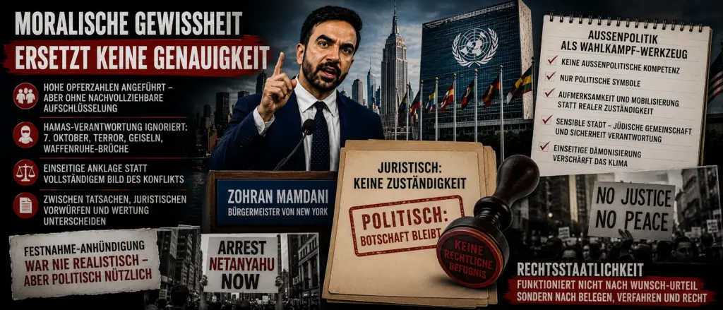 Zohran Mamdani vor der New Yorker Skyline neben Dokumenten, Protestbildern und Hinweisen auf fehlende Zuständigkeit und einseitige politische Anklage