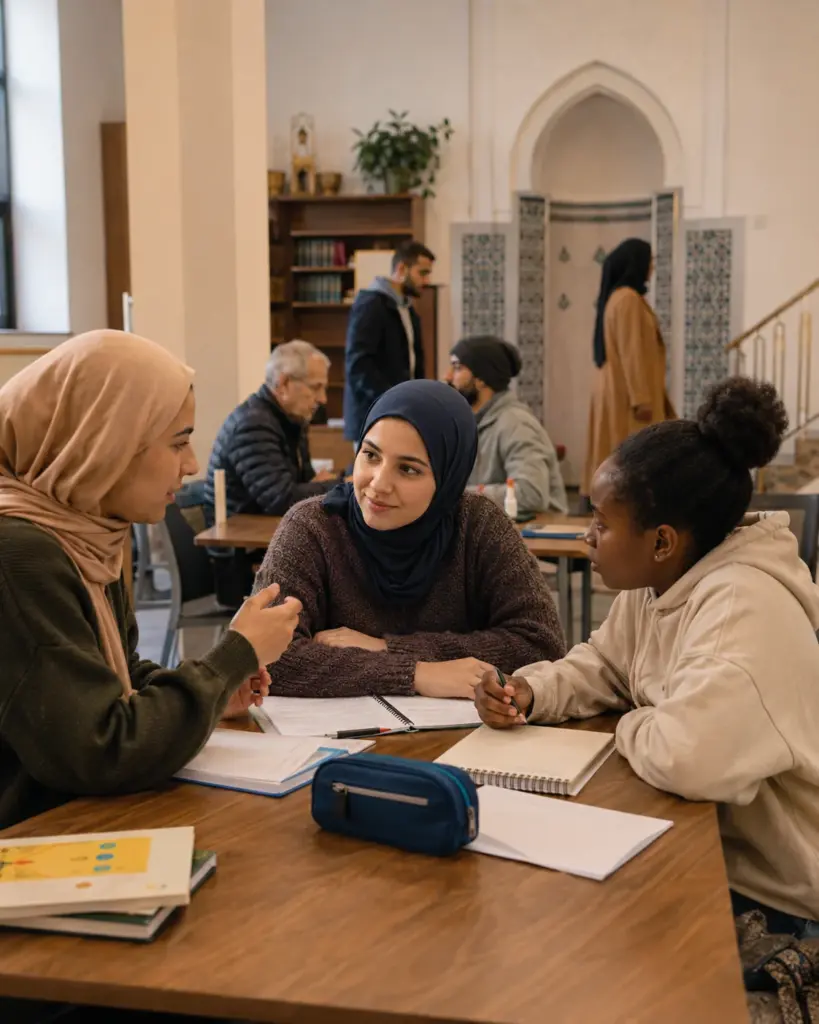 Moscheen und Integration: Was der Staat prüfen muss 2 Drei Frauen bei Hausaufgabenhilfe und Beratung in einem Gemeinschaftsraum einer Moschee