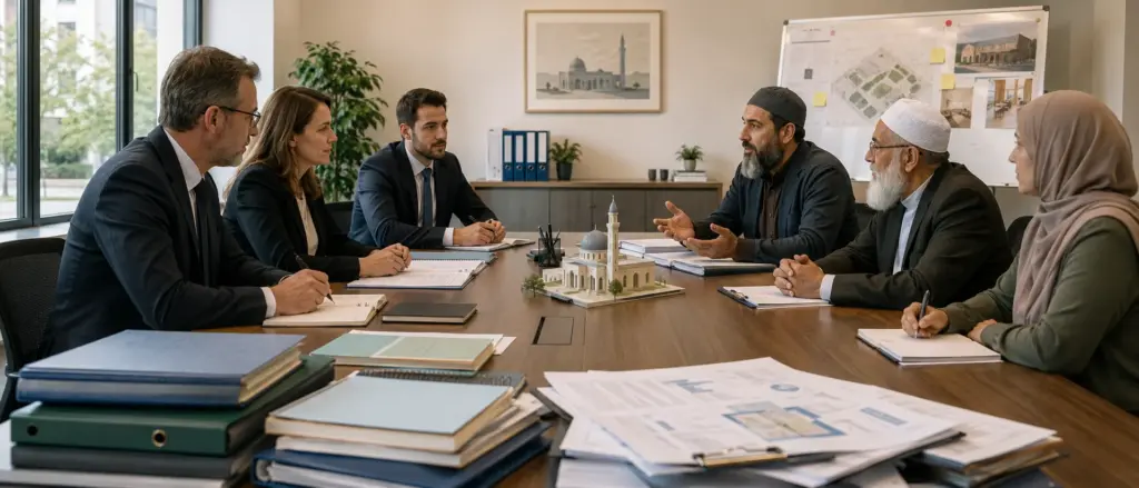 Moscheen und Integration: Was der Staat prüfen muss 3 Besprechung zwischen kommunalen Vertretern und einer Moscheegemeinde an einem Konferenztisch mit Projektunterlagen und Ordnern