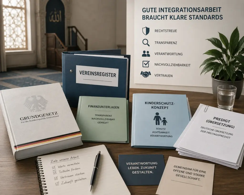 Moscheen und Integration: Was der Staat prüfen muss 7 Grundgesetz, Vereinsregister, Finanzunterlagen, Kinderschutzkonzept und Predigtübersetzung als Symbolbild für Standards in der Integrationsarbeit