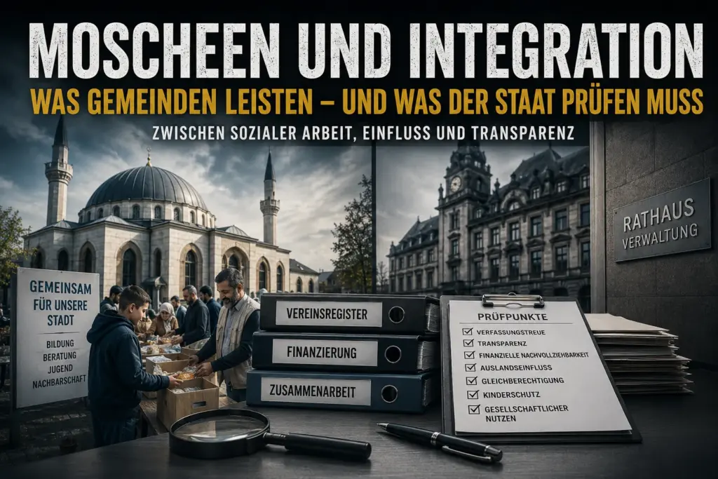 Moschee, Rathaus, Gemeindearbeit und Prüfunterlagen als Symbolbild für Integration, Transparenz und staatliche Kontrolle