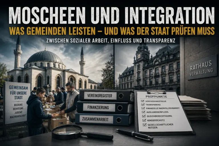 Moschee, Rathaus, Gemeindearbeit und Prüfunterlagen als Symbolbild für Integration, Transparenz und staatliche Kontrolle