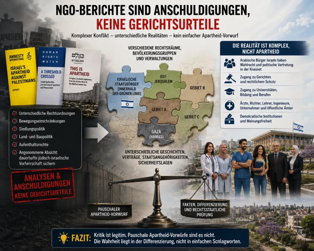 Infografik zu NGO-Berichten über den Apartheid-Vorwurf gegen Israel mit Einordnung der unterschiedlichen Rechtsräume und politischen Strukturen