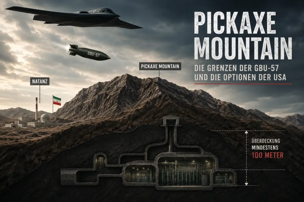 Symbolische Darstellung von Pickaxe Mountain mit unterirdischem Tunnelkomplex, B-2-Bomber und GBU-57-Bunkerbrecher