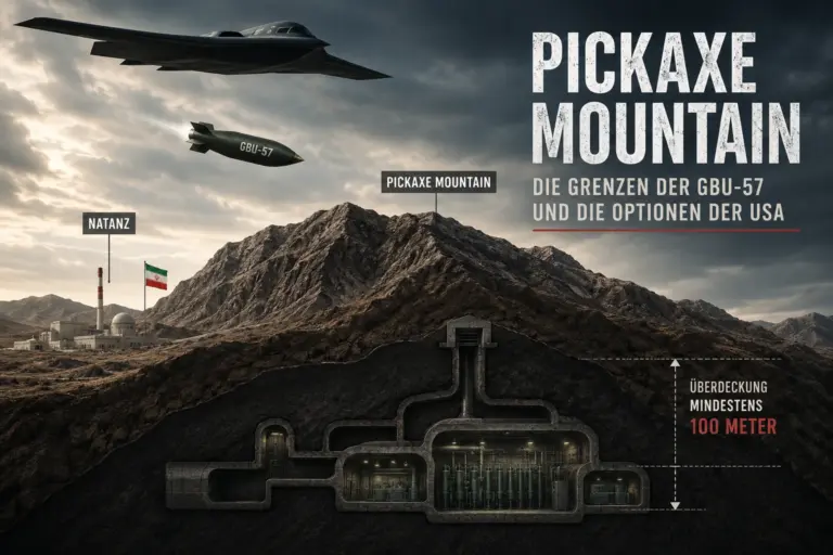 Symbolische Darstellung von Pickaxe Mountain mit unterirdischem Tunnelkomplex, B-2-Bomber und GBU-57-Bunkerbrecher