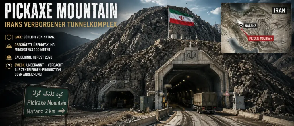 Symbolische Darstellung von Pickaxe Mountain mit bewachten Tunneleingängen, Lastwagen, iranischer Flagge und Lagekarte zu Natanz
