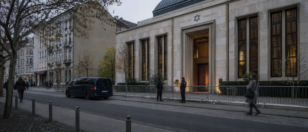 Polizeibeamte, Absperrgitter und ein Einsatzfahrzeug schützen eine Synagoge in einer deutschen Innenstadt