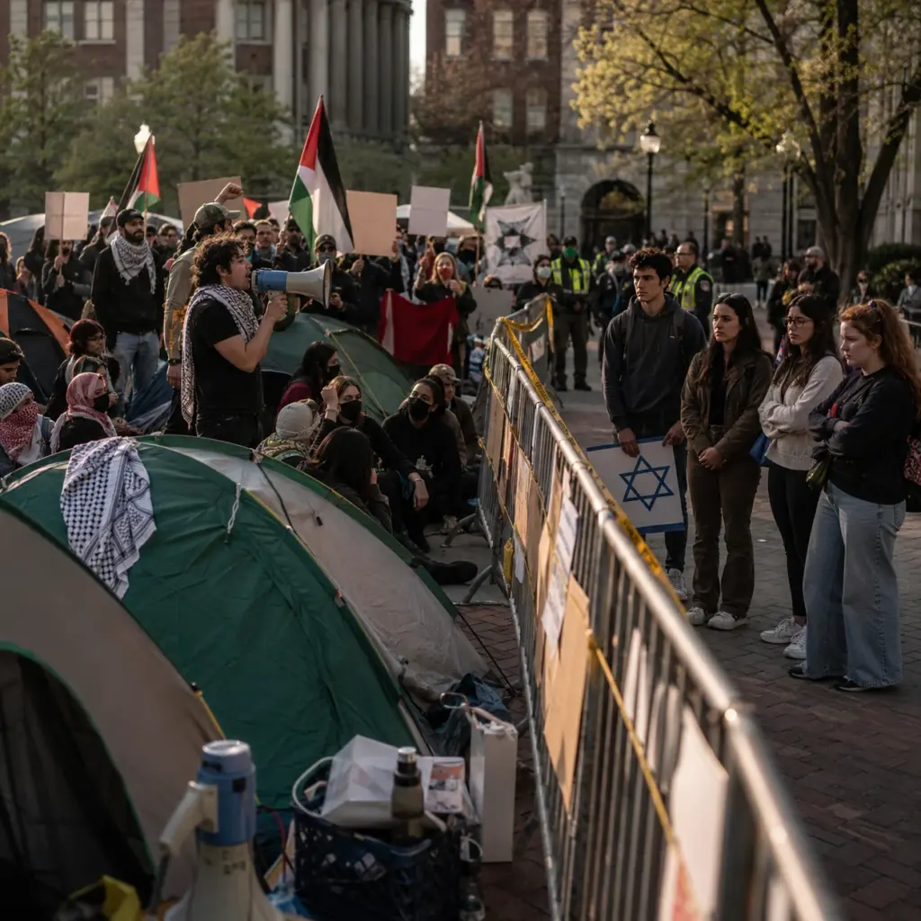 Protestcamp auf einem Universitätsgelände mit Zelten, Megafon, Absperrungen und abseits stehenden jüdischen Studenten