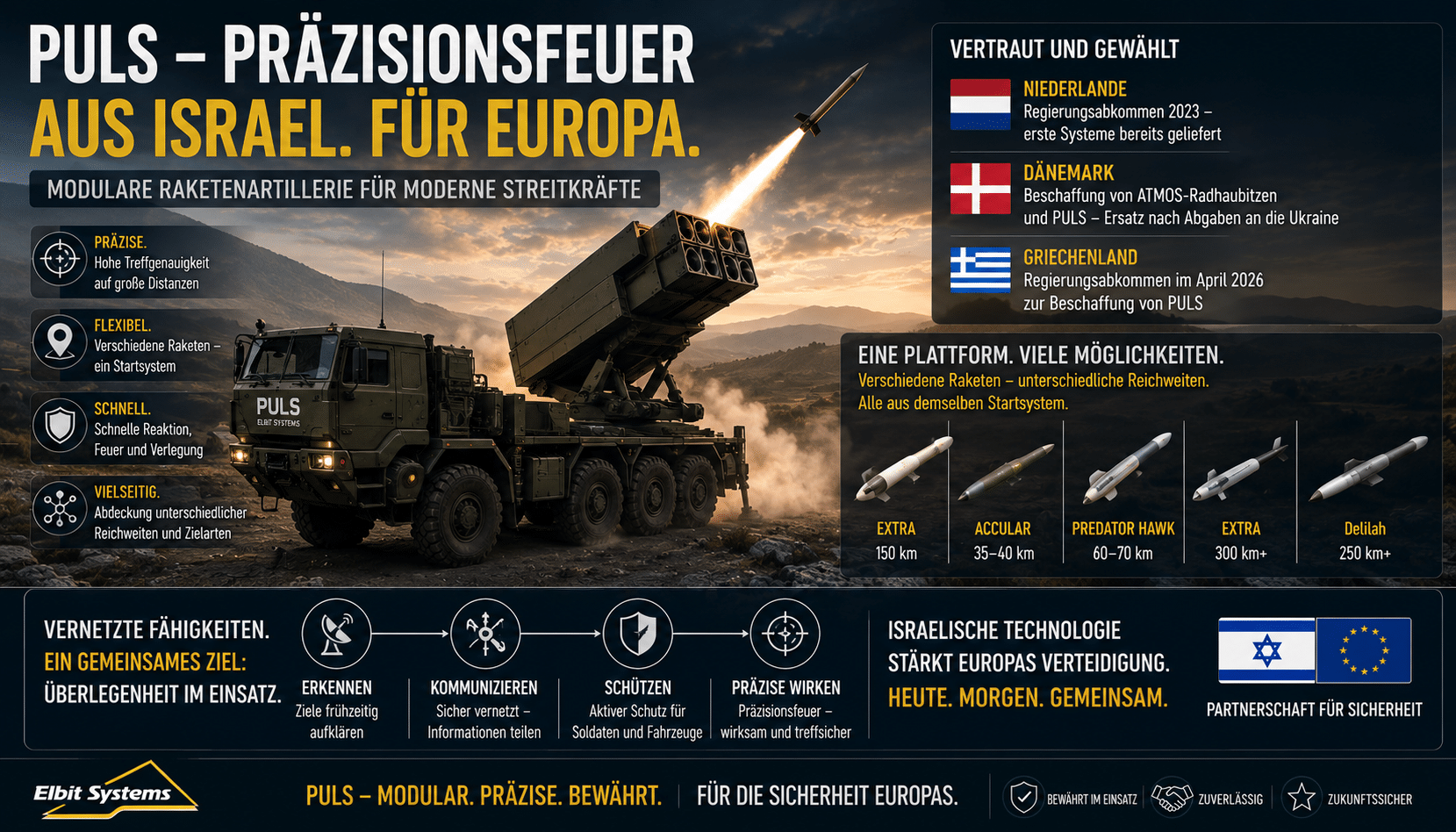 Israelische Verteidigungstechnologie für Europas Sicherheit 4 PULS-Raketenartillerie von Elbit Systems als israelische Verteidigungstechnologie für europäische Streitkräfte