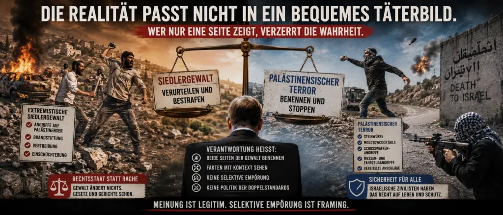 Siedlergewalt im Westjordanland: Was SPIEGEL ausblendet 6 Politische Infografik mit Waage zwischen extremistischer Siedlergewalt und palästinensischem Terror sowie Friedrich Merz im Zentrum