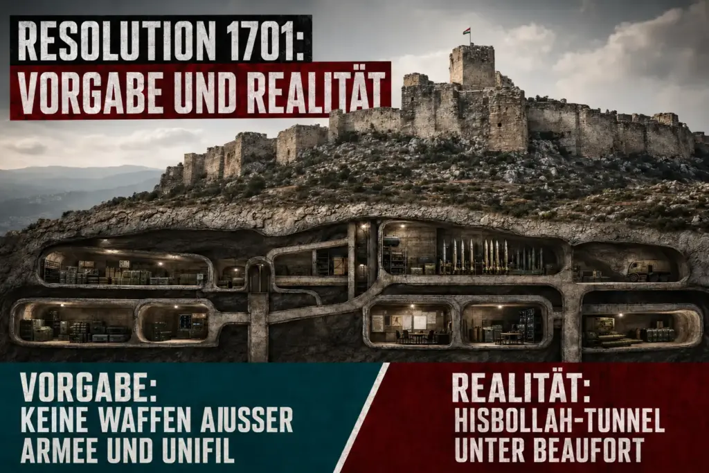 Hisbollah-Tunnel unter dem Beaufort-Höhenzug | Südlibanon 2 Symbolische Schnittdarstellung der Festung Beaufort und der darunter dargestellten Tunnelinfrastruktur mit einem Vergleich zwischen Resolution 1701 und der militärischen Realität