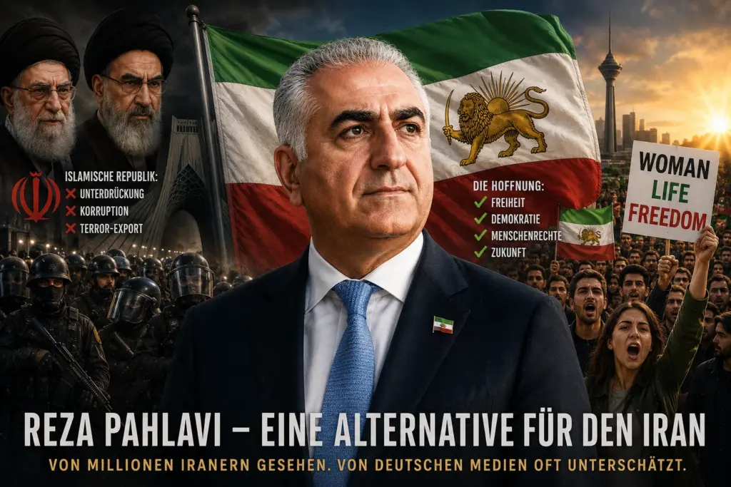 Reza Pahlavi: Mehr als eine Symbolfigur? Fakten zur iranischen Opposition 1 Reza Pahlavi vor der historischen iranischen Löwe-und-Sonne-Flagge zwischen dem Regime der Islamischen Republik und protestierenden Iranern