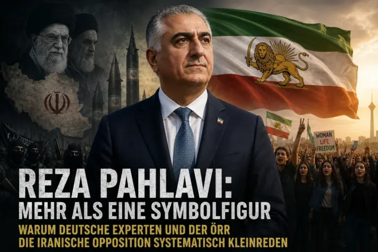 Reza Pahlavi vor der historischen iranischen Löwe-und-Sonne-Flagge, flankiert von Regimevertretern, Raketen und protestierenden Iranern