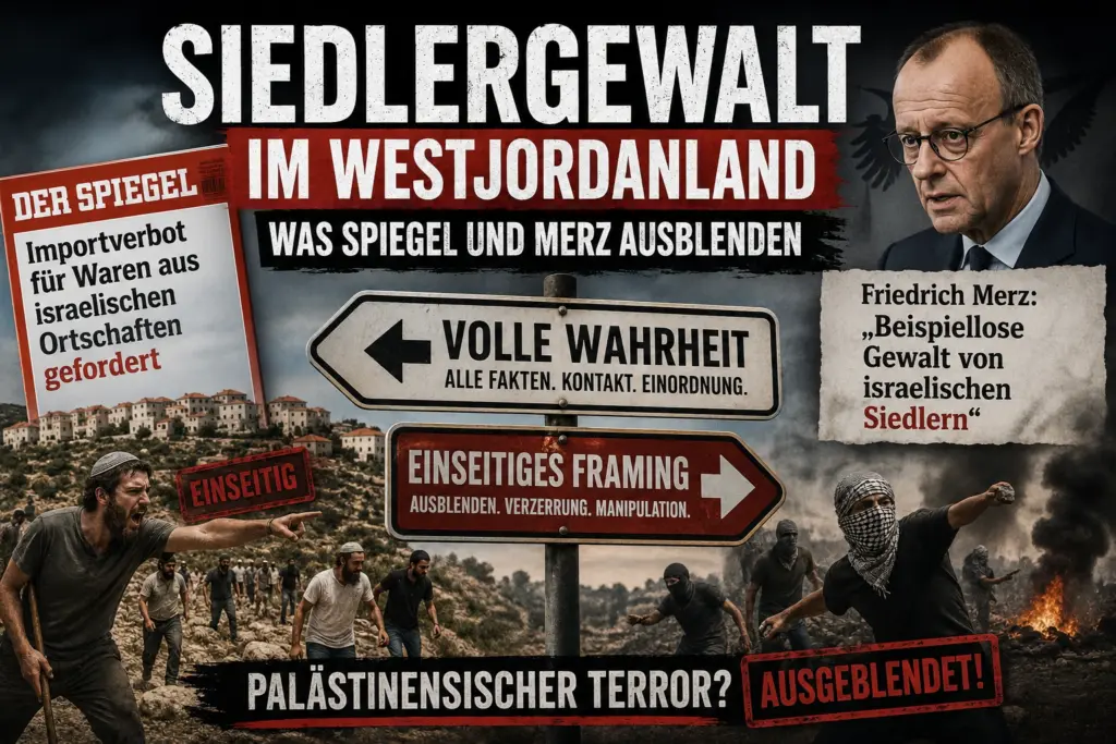 Titelbild zur Siedlergewalt im Westjordanland mit Friedrich Merz, SPIEGEL-Schlagzeile und dem ausgeblendeten palästinensischen Terror